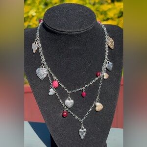 Chico's Silver Tone Multi Heart Charm Necklace with Red Beaded Accents NWT